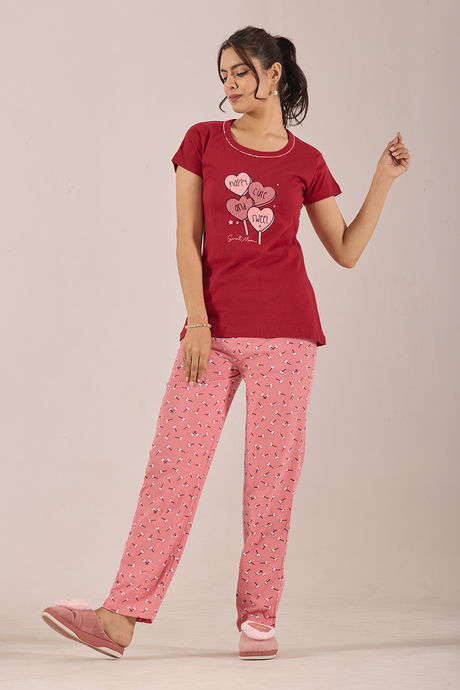 Sweet Moon Knit Cotton Pyjama Set - Darkpink Redishmarun — image 3